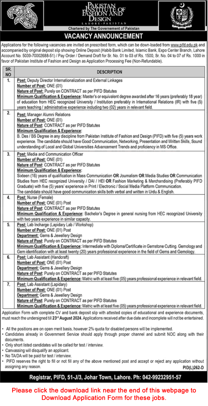 Pakistan Institute Of Fashion Design Lahore Jobs July 2024 August ...